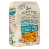 Package of Rummo Gluten Free Mezze Penne Rigate No. 28, 400g. Labels elegantly display product details and certifications for easy reference.